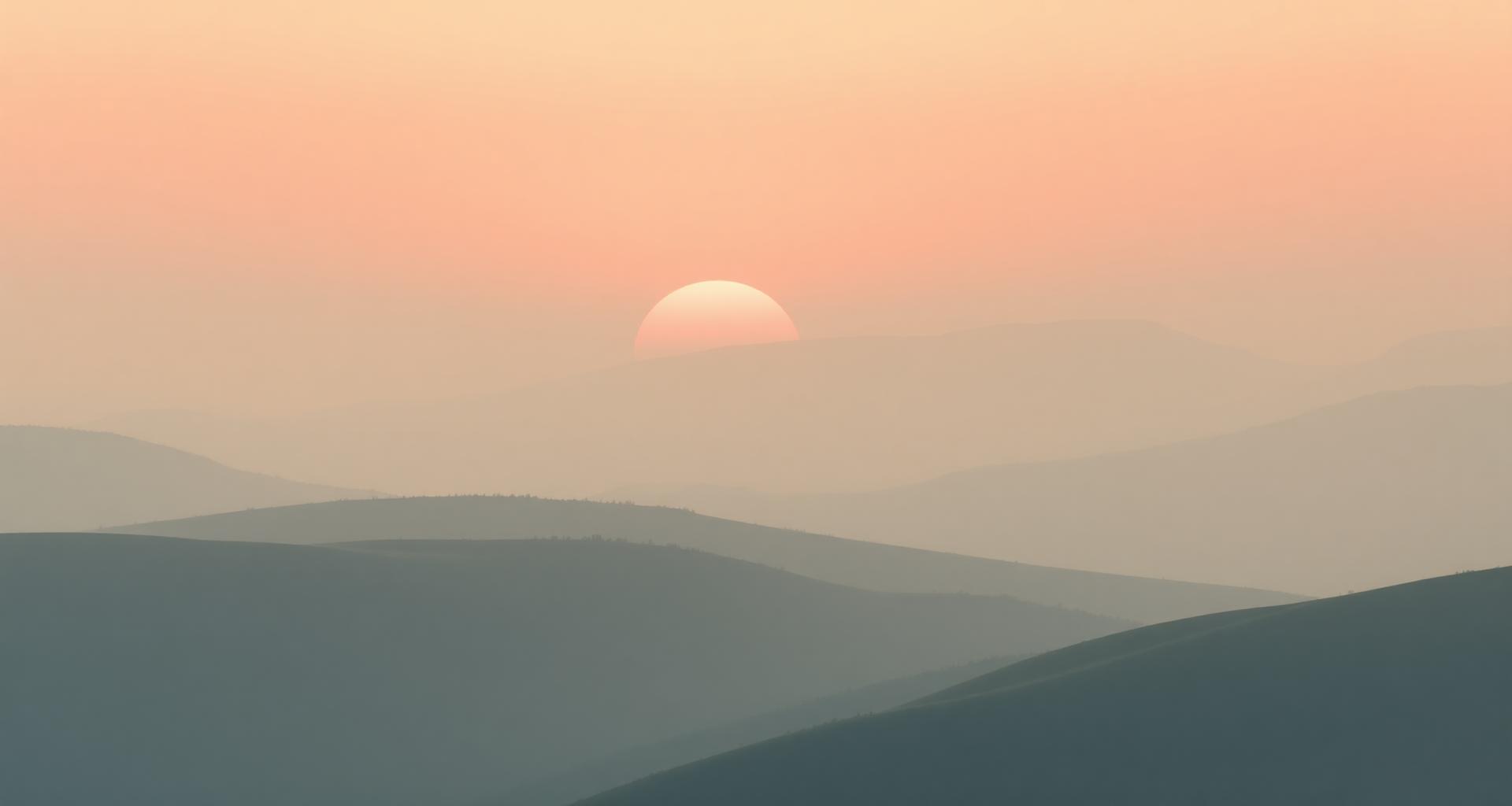 Soft misty hills at dawn in sage and peach tones